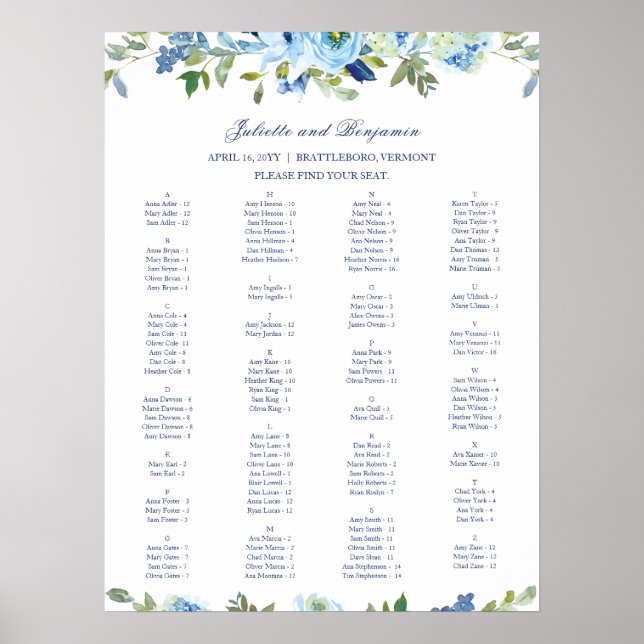 Dusty Blue Navy Floral Wedding Seating Chart (Front)