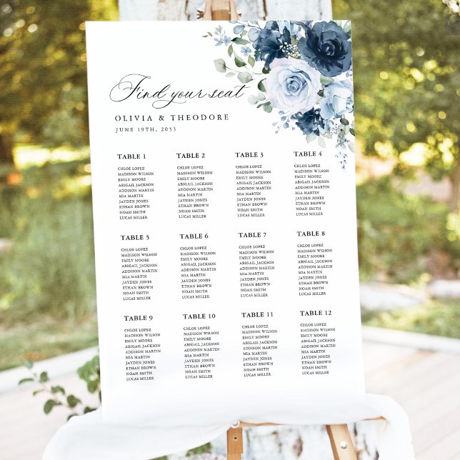 Dusty Blue Navy Floral Wedding Seating Chart Sign (Dusty blue watercolor floral wedding seating chart on a wooden easel, elegant 24x36 find your seat)