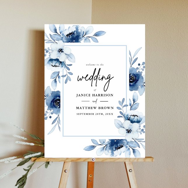 Dusty Blue Navy Floral Wedding Sign Poster (Creator Uploaded)