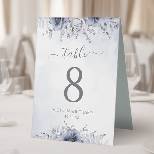 Dusty Blue Navy Floral Wedding Table Number Table Tent Sign
