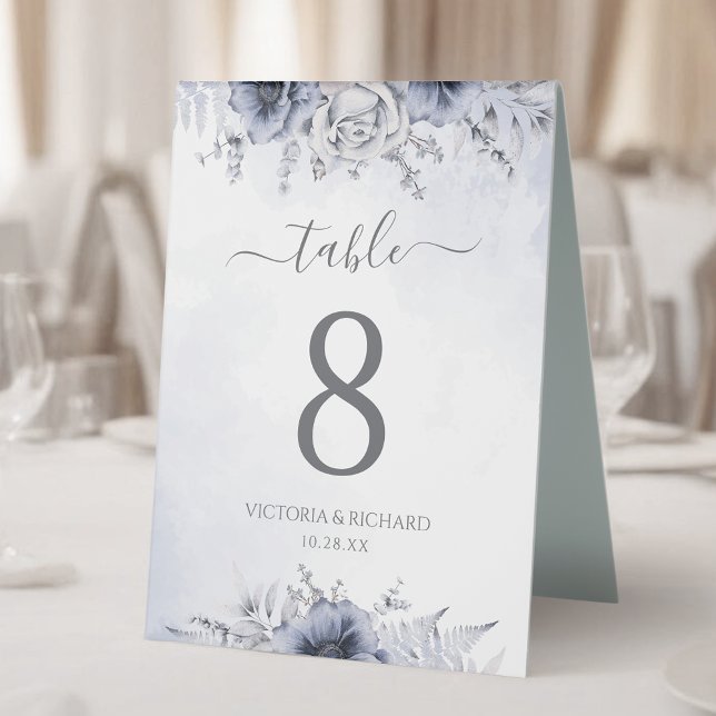 Dusty Blue Navy Floral Wedding Table Number Tent (Creator Uploaded)