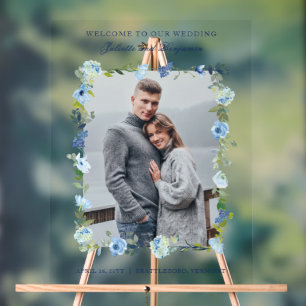 Dusty Blue Navy Floral Wedding Welcome Sign