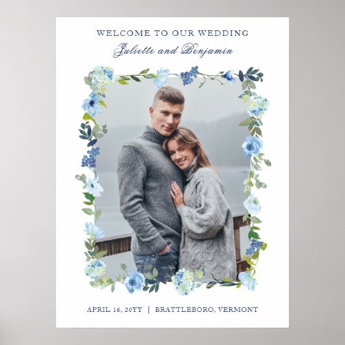Dusty Blue Navy Floral Wedding Welcome Sign