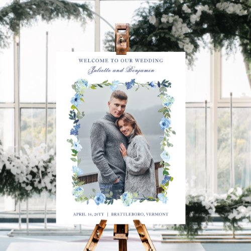 Dusty Blue Navy Floral Wedding Welcome Sign