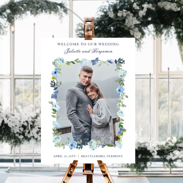 Dusty Blue Navy Floral Wedding Welcome Sign (This wedding welcome sign features a photo and lovely, dusty blue watercolor flowers.)