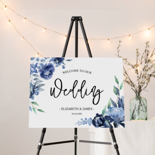 Dusty Blue Navy Floral Welcome Wedding Sign