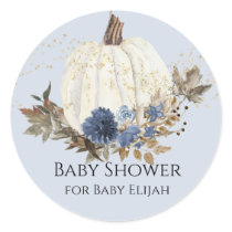 Dusty Blue Navy Floral White Pumpkin Baby Shower Classic Round Sticker