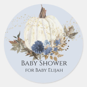 Dusty Blue Navy Floral White Pumpkin Baby Shower Classic Round Sticker