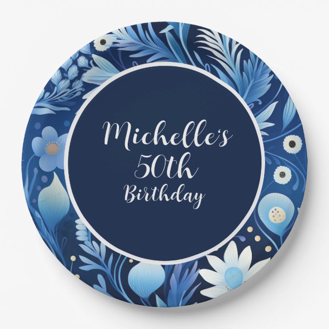 Dusty Blue Navy Flowers 50th Birthday  Paper Plates (Front)