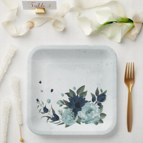 Dusty blue navy flowers botanical paper plates