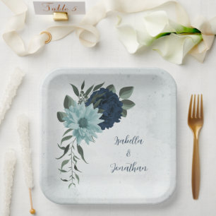 Dusty blue navy flowers botanical paper plates