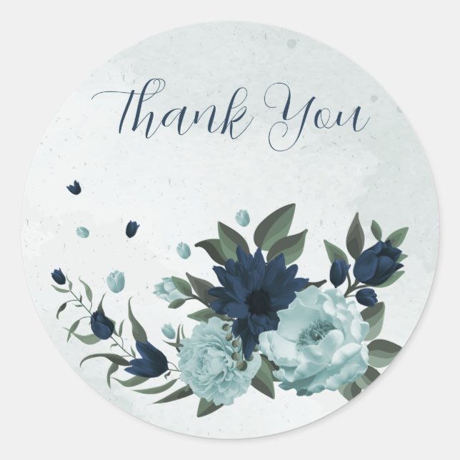 Dusty blue navy flowers botanical thank you classic round sticker (Front)