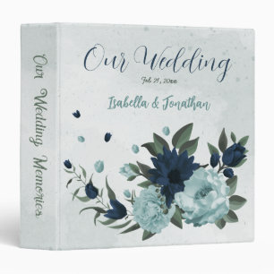 Dusty blue navy flowers botanical wedding album 3 ring binder