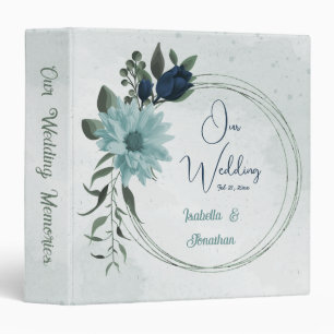Dusty blue navy flowers botanical wedding album 3 ring binder