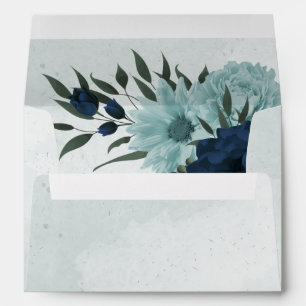 Dusty blue navy flowers botanical wedding envelope