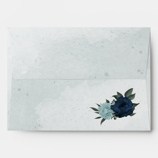 Dusty blue navy flowers botanical wedding envelope (Back (Top Flap))