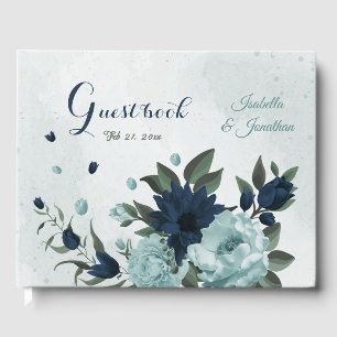 Dusty blue navy flowers botanical wedding guest book