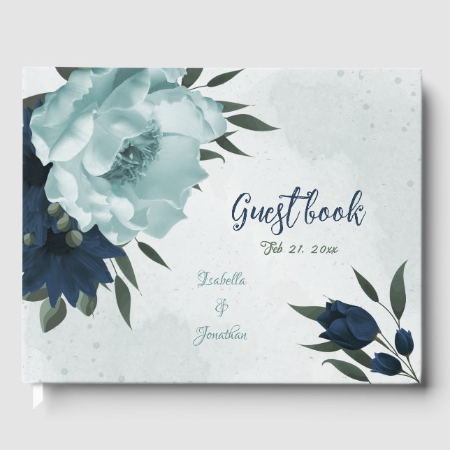 Dusty blue navy flowers botanical wedding guest book (Front)