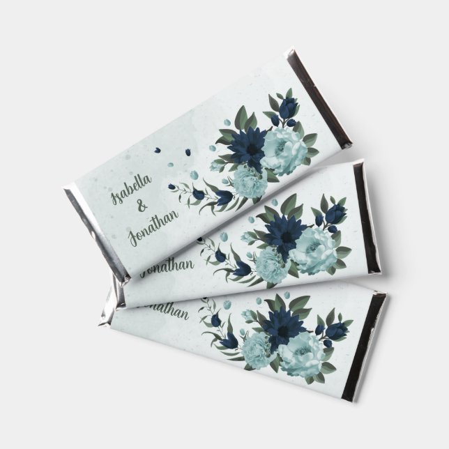 Dusty blue navy flowers botanical wedding hershey bar favors (Front)