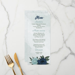 Dusty blue &navy flowers botanical wedding menu