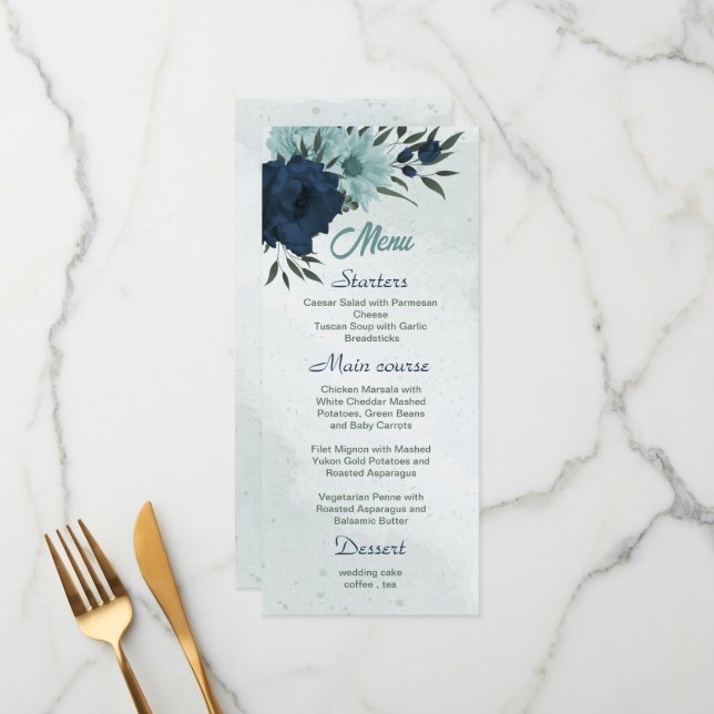 Dusty blue &navy flowers botanical wedding menu (Front/Back In Situ)