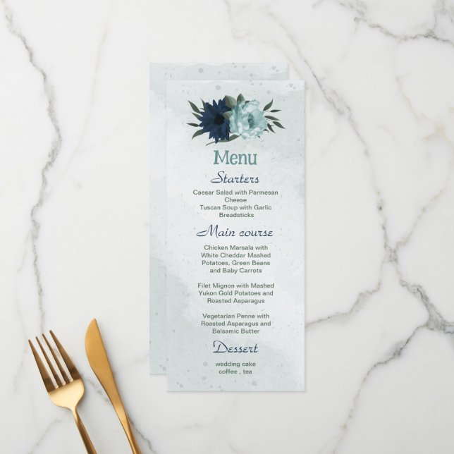 Dusty blue &navy flowers botanical wedding menu (Front/Back In Situ)