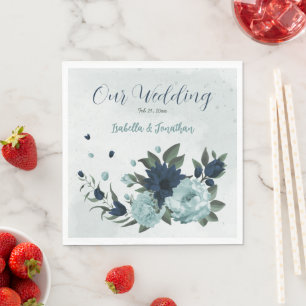Dusty blue navy flowers botanical wedding napkins