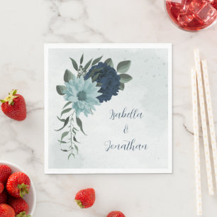 Dusty blue navy flowers botanical wedding napkins
