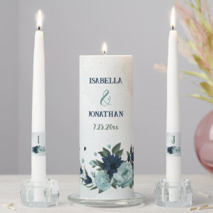 Dusty blue navy flowers botanical wedding unity candle set