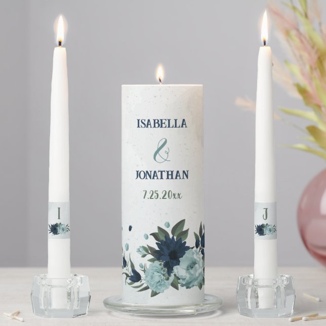 Dusty blue navy flowers botanical wedding unity candle set (In Situ)