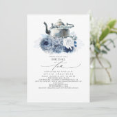 Dusty Blue Navy Flowers Elegant Bridal Shower Tea Invitation (Standing Front)
