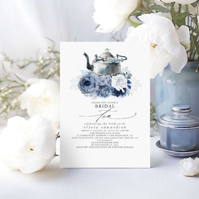 Dusty Blue Navy Flowers Elegant Bridal Shower Tea Invitation