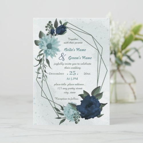 Dusty blue navy flowers geometric wedding invitation