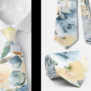 Dusty Blue Navy Flowers Roses Floral Neck Tie