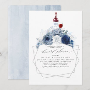 Dusty Blue Navy Flowers Wine Tasting Bridal Shower Invitation