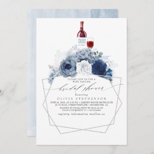 Dusty Blue Navy Flowers Wine Tasting Bridal Shower Invitation