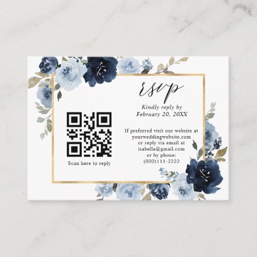Dusty Blue Navy Gold Floral QR Code Wedding RSVP Enclosure Card