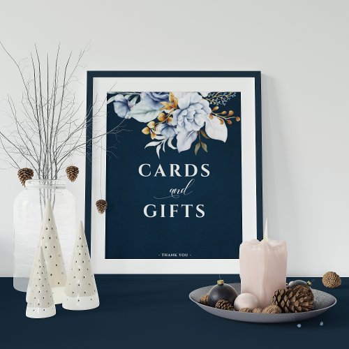 Dusty Blue Navy Gold Floral Wedding Cards  Gifs Poster
