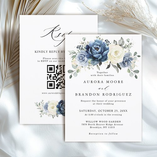 Dusty Blue Navy Ivory Floral Boho Wedding QR Code 