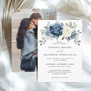 Dusty Blue Navy Ivory Floral Boho Wedding QR Code Invitation