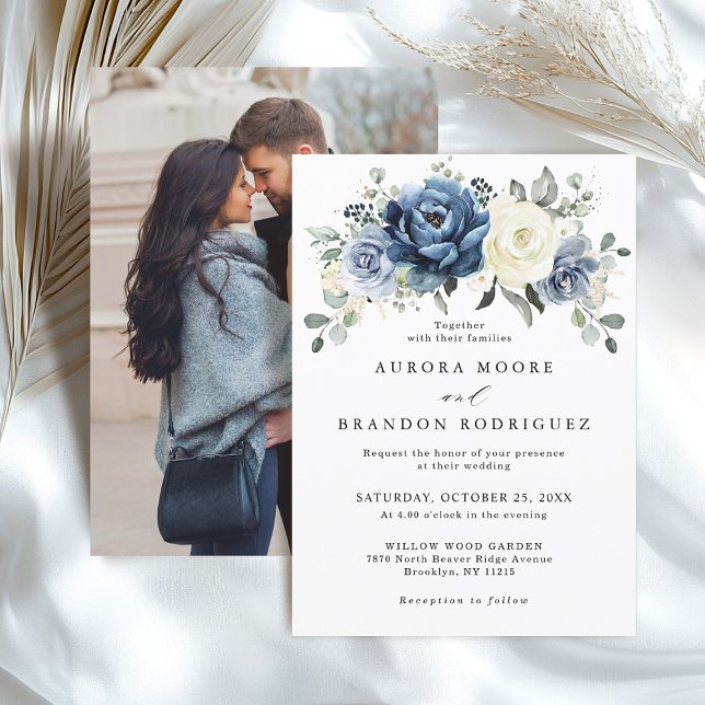 Dusty Blue Navy Ivory Floral Boho Wedding QR Code  Invitation (Dusty Blue Navy Ivory Floral Boho Wedding Photo back Invitation)