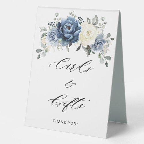 Dusty Blue Navy Ivory Floral Cards and gifts Table Tent Sign