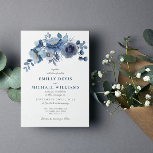Dusty Blue Navy Ivory Floral Wedding Invitation