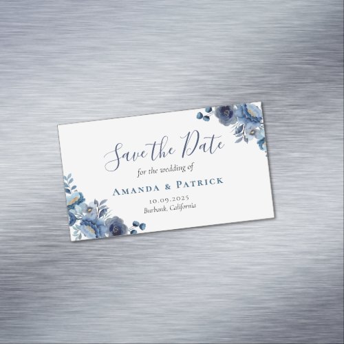 Dusty Blue Navy Ivory Floral Wedding Save The Date Business Card Magnet