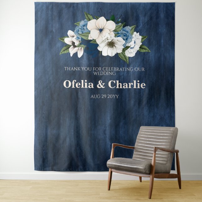 Dusty Blue Navy Ivory Floral Wedding Wall Tapestry (In Situ)