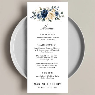 Dusty Blue Navy & Ivory Rose Floral Wedding Menu
