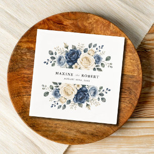 Dusty Blue Navy & Ivory Rose Floral Wedding Napkins