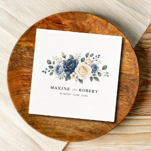 Dusty Blue Navy & Ivory Rose Floral Wedding Napkins