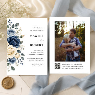 Dusty Blue Navy & Ivory Rose QR Code Photo Wedding Invitation
