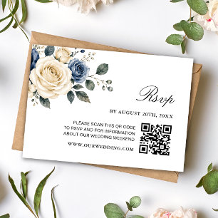 Dusty Blue Navy & Ivory Rose QR Code Wedding RSVP Card